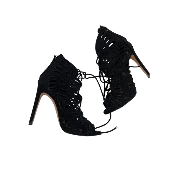 Zara Lace-Up Peep Toe Black Stiletto Heels With Cut-Out Design - Picture 2 of 6